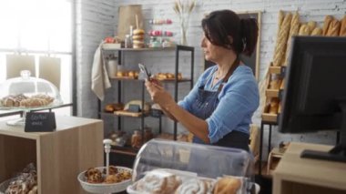 Fırında akıllı telefon kullanan bir kadın. Parlak kapalı mekanda. Raflarda ekmek çörekleri ve glütensiz tabela var.