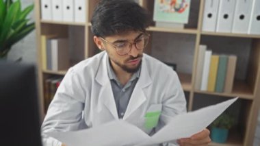 Sakallı, gözlüklü, klinikte kağıtları analiz eden konsantre bir genç adam..