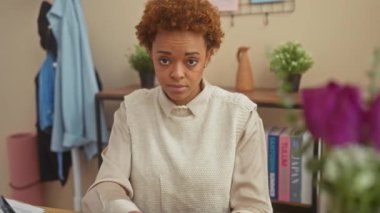 Kendine güvenen Afro-Amerikan kadın, parmağıyla iş ilanı veriyor. Yüzünde rahat ama ciddi bir ifade vardı, evde oturuyordu..