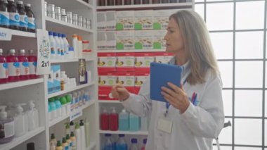 Modern eczane içinde tablet kullanan beyaz önlüklü olgun bir kadın eczacı.