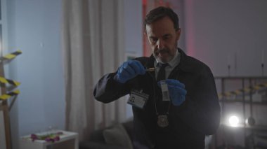 Orta yaşlı, sakallı bir adam loş bir suç mahallinde kanıt tutuyor..