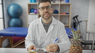 Beyaz önlüklü, sakallı, İspanyol bir adam fizik tedavi kliniğinde elinde egzersiz ekipmanlarıyla panoya yazı yazıyor..