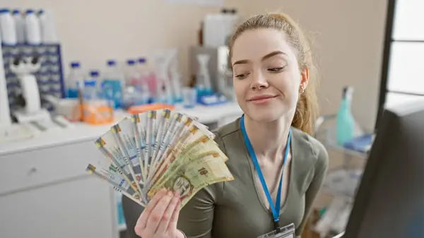 stock image A young caucasian woman in a lab smiles while holding peruvian soles indoors