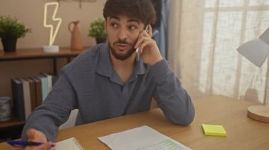 Sakallı genç bir adam iyi aydınlatılmış bir ofis odasında notlar alırken bir telefon görüşmesi yapıyor.