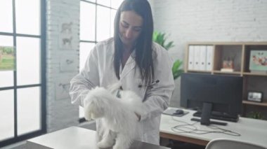 A woman veterinarian examines a white bichon in a bright clinic room.