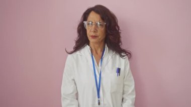 Orta yaşlı İspanyol kadın bilim adamı üniforması giyiyor, şüphecilik ve gerginlikle kaşlarını çatıyor, soruna üzülüyor. Pembe bir arkaplanda izole edilmiş