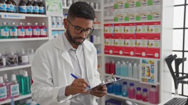 Beyaz önlüklü, sakallı yakışıklı siyah adam eczanede notlar alıyor.