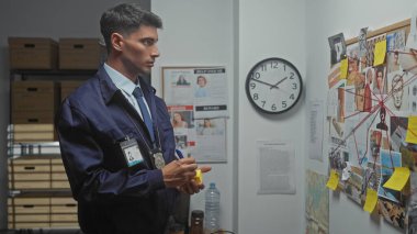 Rozeti olan yakışıklı İspanyol bir adam polis merkezinde kanıtları inceliyor..