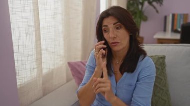 Oturma odasında telefonla konuşan bir kadın. Arka planda bitki ve kitaplar olan mavi bir bluz giyiyor.