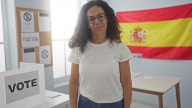 İspanyol orta yaşlı kadın ayakta ve başparmağıyla işaret ediyor, İspanyol seçim kolejine oy verirken mutlu görünüyor, gururla oy veriyor ve gururla oy veriyor.