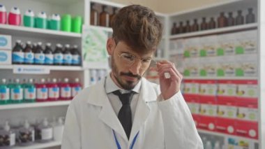 Yakışıklı sakallı adam eczanenin içinde gözlük takıyor.