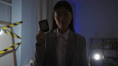 Rozetli Asyalı kadın dedektif karanlık dairedeki suç mahallini araştırıyor.