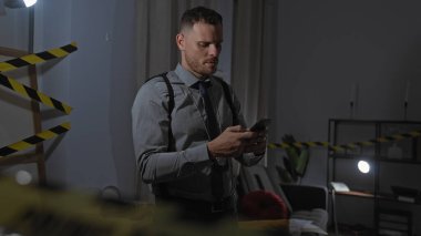 Rozetli ciddi bir adam gece vakti kapalı bir suç mahallinde telefonundaki kanıtları inceliyor..