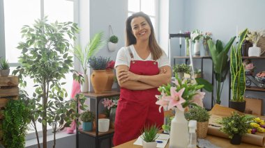 Kırmızı önlük takmış, kollarını çapraz bağlamış gülümseyen bir kadın güzel ışıklandırılmış bir evin içindeki çiçeklerin arasında duruyor..