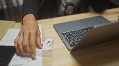 A woman's hand in a detective office with clues, including a bloody fingerprint, points to an investigation. clipart