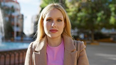 Genç, güzel, sarışın bir kadının portresi şehir parkında yeşillik ve fıskiyeli.