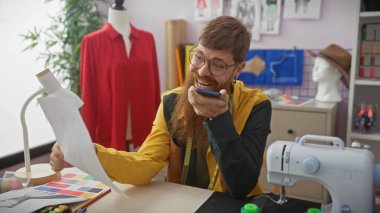 Kızıl sakallı adam, renkli kumaş örnekleriyle terzi dükkanında şablona bakarken gülüyor..