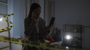 Takım elbiseli Asyalı kadın dedektif, loş ışıklandırılmış suç mahallinde polis bandıyla defter inceliyor.