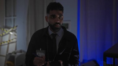 Dedektif adam gece vakti evdeki suç mahallini bant ve not defteriyle araştırıyor.