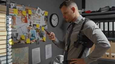 İspanyol dedektif karmaşık polis karakolunda akıllı telefonu inceliyor, kanıt kurulunda..