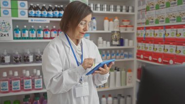 İlaç rafları olan bir eczanede ilaç kullanan olgun bir kadın eczacı.