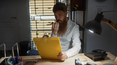 Yakışıklı, sakallı bir adam loş bir dedektiflik ofisinde dava üzerinde kafa yoruyor..