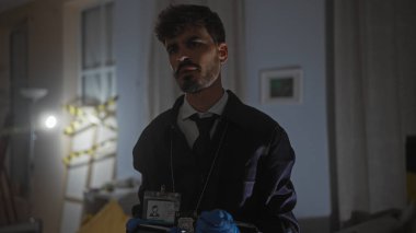 Genç bir İspanyol dedektif, loş aydınlatılmış bir dairedeki suç mahallini araştırıyor.