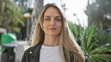 Güneşli bir şehir caddesinde duran güzel, genç bir kadının portresi, şehir cazibesi yayıyor..