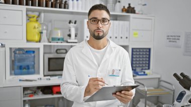 Laboratuvar önlüğü giymiş sakallı bir adam, bir laboratuarda bir not panosuna profesyonellik ve sağlık hizmetlerini iletiyor..