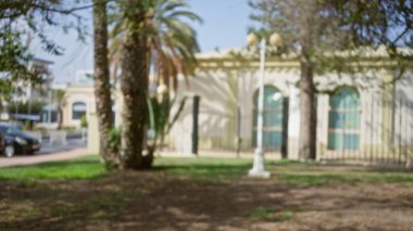 Ağaçlı, parketmiş bir şehir manzarası, güneşli bir alanda bir sokak lambası, palmiye ağaçları ve arka planda sarı bir bina.