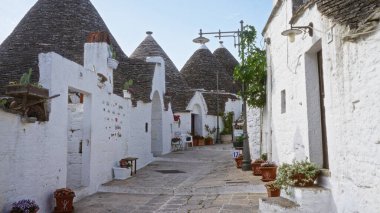 Puglia, İtalya 'daki Alberobello kasabasında beyaz taş duvarları ve konik çatıları olan, büyüleyici bir kaldırım taşı caddesinde bitki ve çiçeklerle süslenmiş ikonik trulli evler bulunuyor..