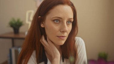 Düşünceli genç bir kadın portresi, kızıl saçlı rahat bir evde oturuyor, düşüncelere dalma ve sükunet hissi uyandırıyor.