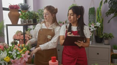 Renkli bir çiçekçide önlüklü iki kadın birlikte çalışıyor.