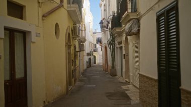 Gelibolu, Puglia, Salento, İtalya 'da dar bir cadde. Açık bir gökyüzü altında eski binalar ve tarihi mimari sergileniyor..