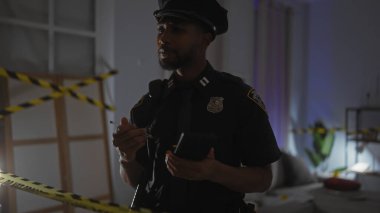 Afro-Amerikan erkek polis memuru içerideki bir suç mahallini araştırıyor, notlar alıyor..