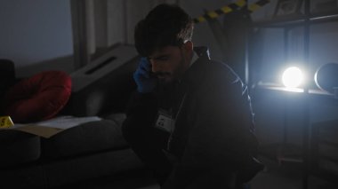 Karanlık bir oturma odasında loş bir suç mahalline telefon görüşmesi yapan İspanyol bir adam.