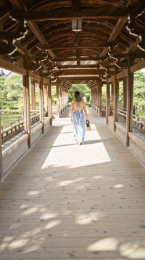 Portrait of a beautiful hispanic woman walking away, a back view of a casual walk at heian jingu, kyoto's traditional japanese shrine clipart