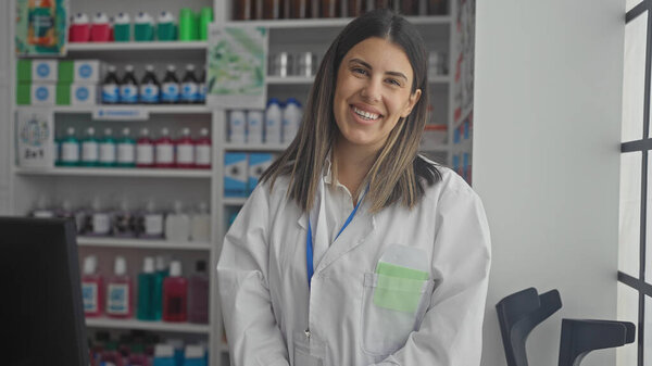 Smiling Young Adult Hispanic Female Pharmacist Standing Indoor Pharmacy Store Stock Photo