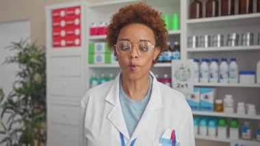 Eczanede çılgın bir eğlence, Afro-Amerikan kadın eczacı, üniformalı, komik balık suratlı ve şaşı bakışlı