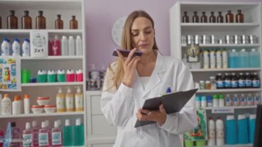 Beyaz laboratuvar önlüklü kadın elinde bir eczanenin arka planında raflar dolusu ürünle akıllı telefona konuşuyor..