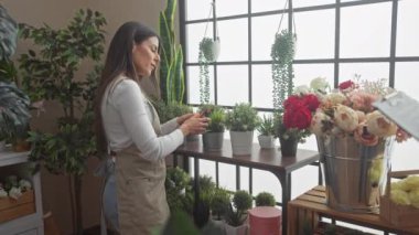 Önlüklü, gülümseyen bir çiçekçi çiçekçi çiçekçi dükkanında bir adama bir pano verdi..