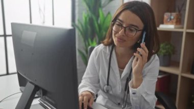 Esmer saçlı, gözlüklü ve steteskop takan genç bir bayan doktor modern bir klinik odasında telefonla konuşurken bilgisayarla çalışıyor..