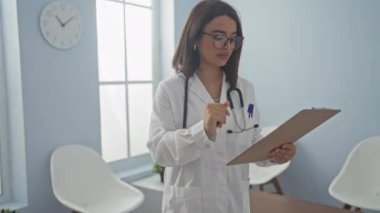 Genç bir bayan doktor elinde bir steteskopla kliniğin bekleme odasında duruyor ve hasta bilgilerini tartışıyor..
