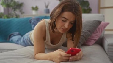 Oturma odasındaki kanepede uzanmış esmer saçlı genç bir kadın, kırmızı bir akıllı telefona bakıyor, rahat bir ev ortamı izlenimi veriyor..