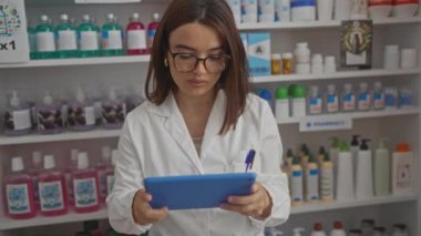 Eczanede beyaz önlük ve gözlük takan genç bir kadın rafların önünde çeşitli ürünlerle dolu bir tablet kullanıyor..