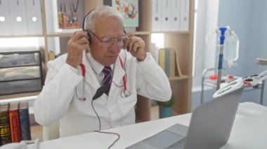 Klinikte steteskop ve gözlük takan yaşlı bir adam masasındaki dizüstü bilgisayarın önünde kulaklık takıyor..