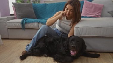 Oturma odasının zemininde oturan genç, İspanyol bir kadın. Evde otururken nazikçe siyah bir labrador okşuyor..