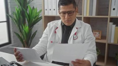 Beyaz önlüklü profesyonel bir İspanyol, odak ve uzmanlığı resmeden modern bir klinikteki belgeleri inceliyor..