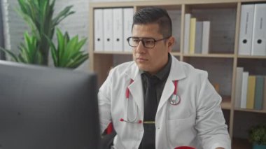 Gözlüklü ve laboratuvar önlüklü İspanyol bir adam hastane ofisinde elinde kırmızı bardakla bilgisayarla çalışıyor..