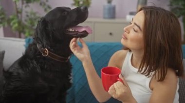Bir kadın evindeki rahat oturma odasında köpeğini okşarken kahvesinden zevk alır..